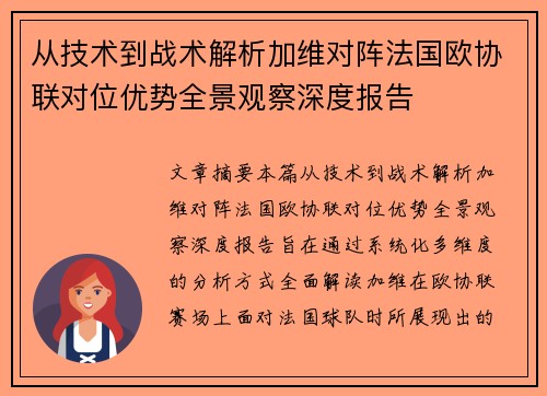 从技术到战术解析加维对阵法国欧协联对位优势全景观察深度报告