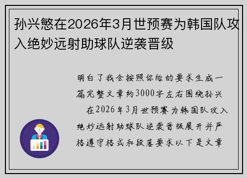 孙兴慜在2026年3月世预赛为韩国队攻入绝妙远射助球队逆袭晋级